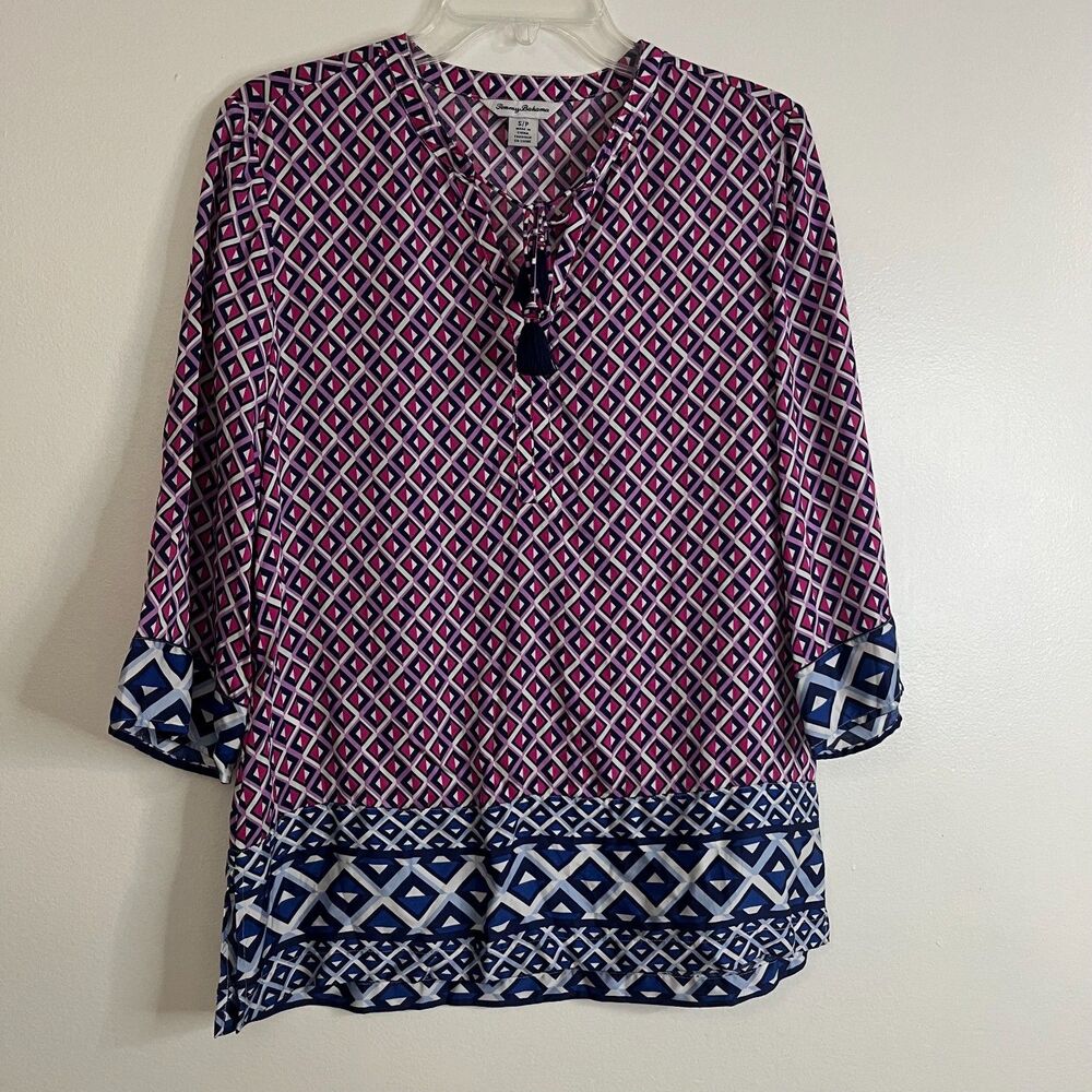 Tommy Bahama Women's S Pink Blue Geometric Tassel Tie Neck Lyocell Tunic Top